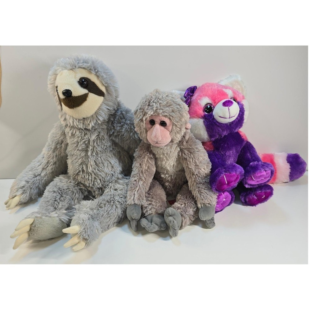 Wild Republic Plush Lot 3 Sloth Monkey Pink Purple Red Panda Stuffed Animals